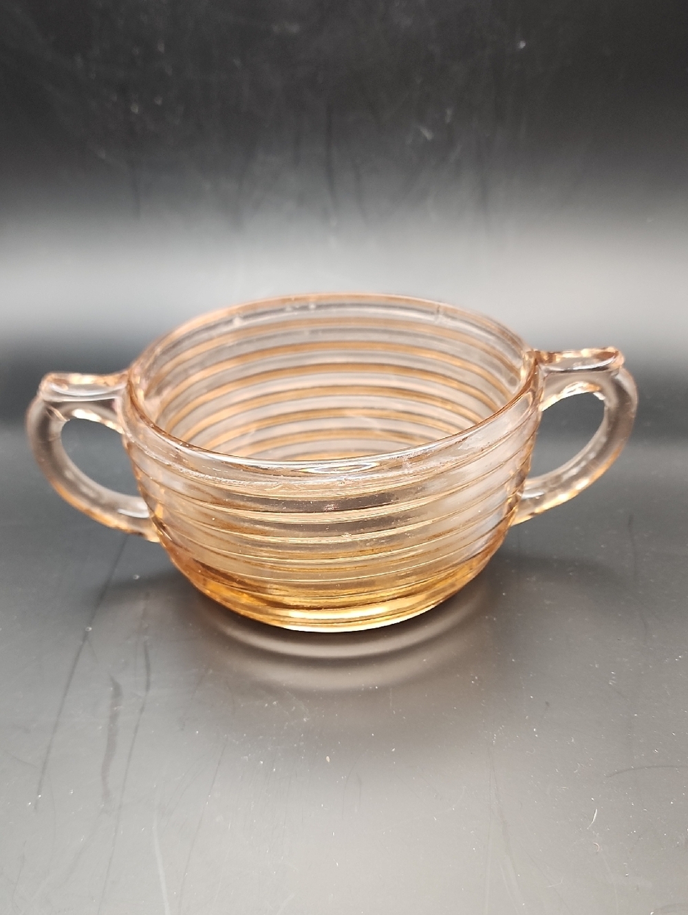Hocking Pink MANHATTAN Horizontal Ribbed, Oval 2 Handle SUGAR BOWL